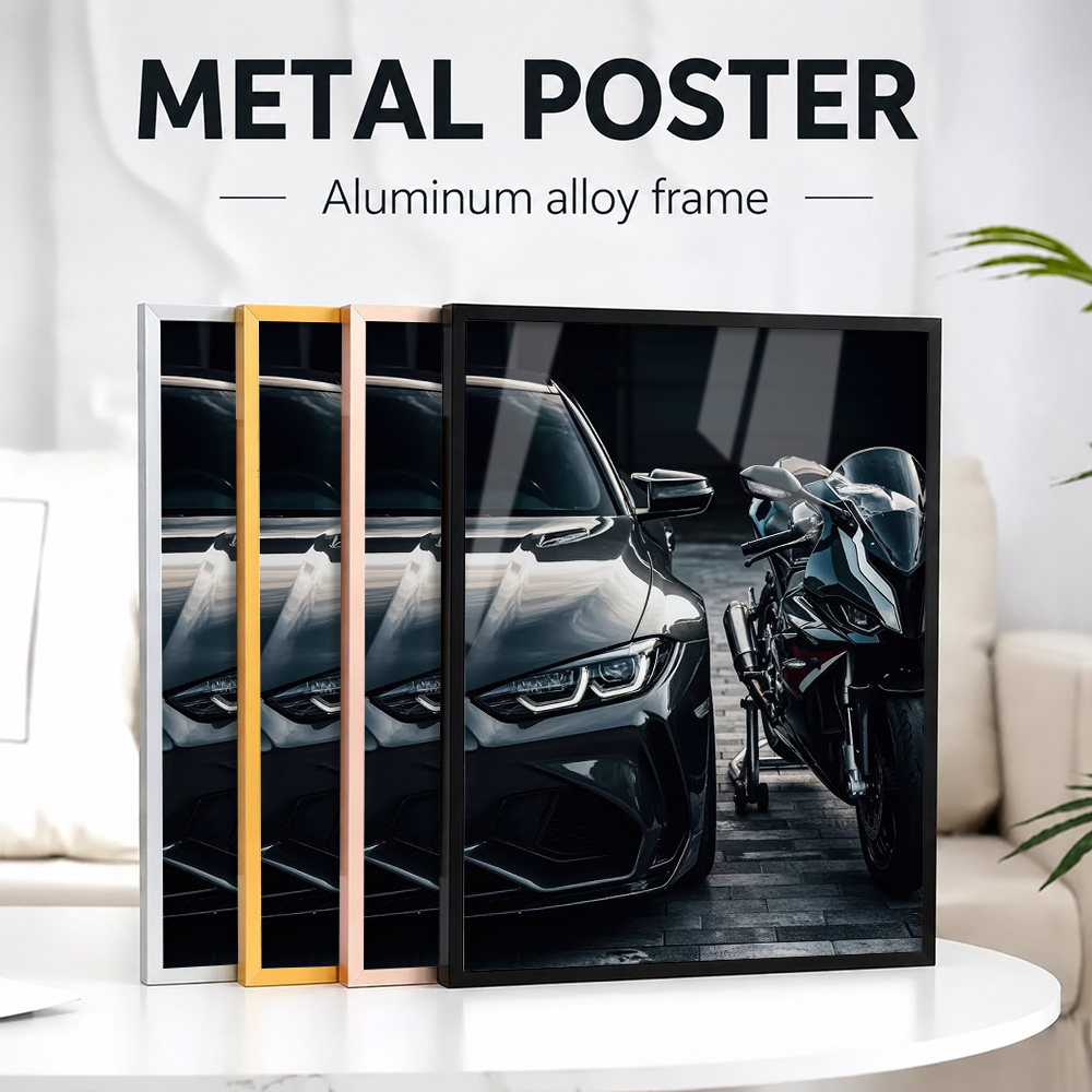 Metal Photo Panel - Schwarzes Auto- und Motorrad-Duo Metallposter mit